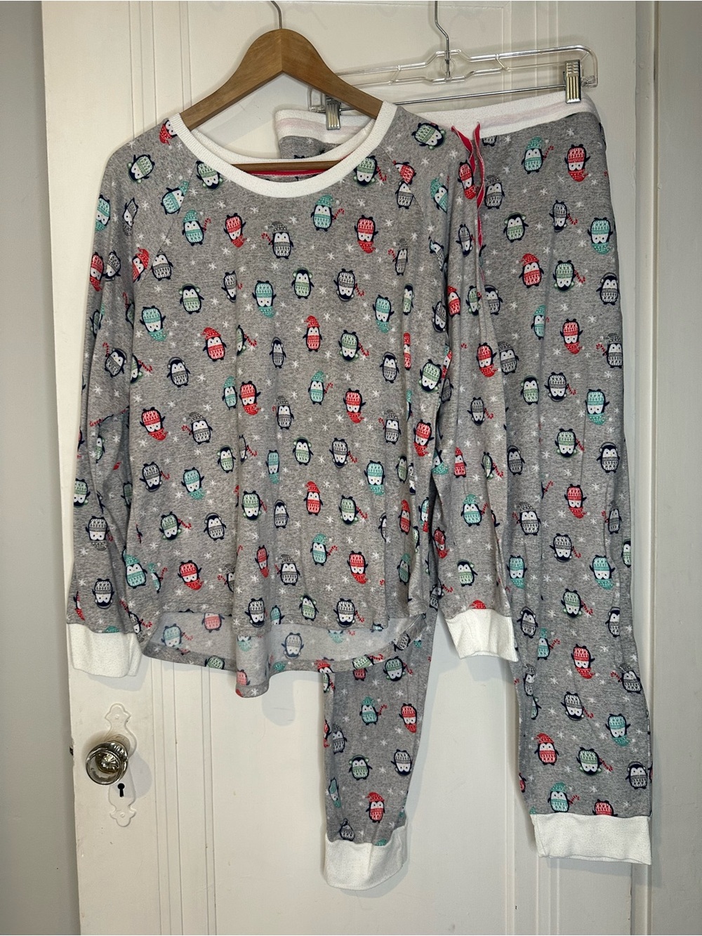 Cuddl Duds Grey Penguin Print Pajama Set with Red & Teal Accents